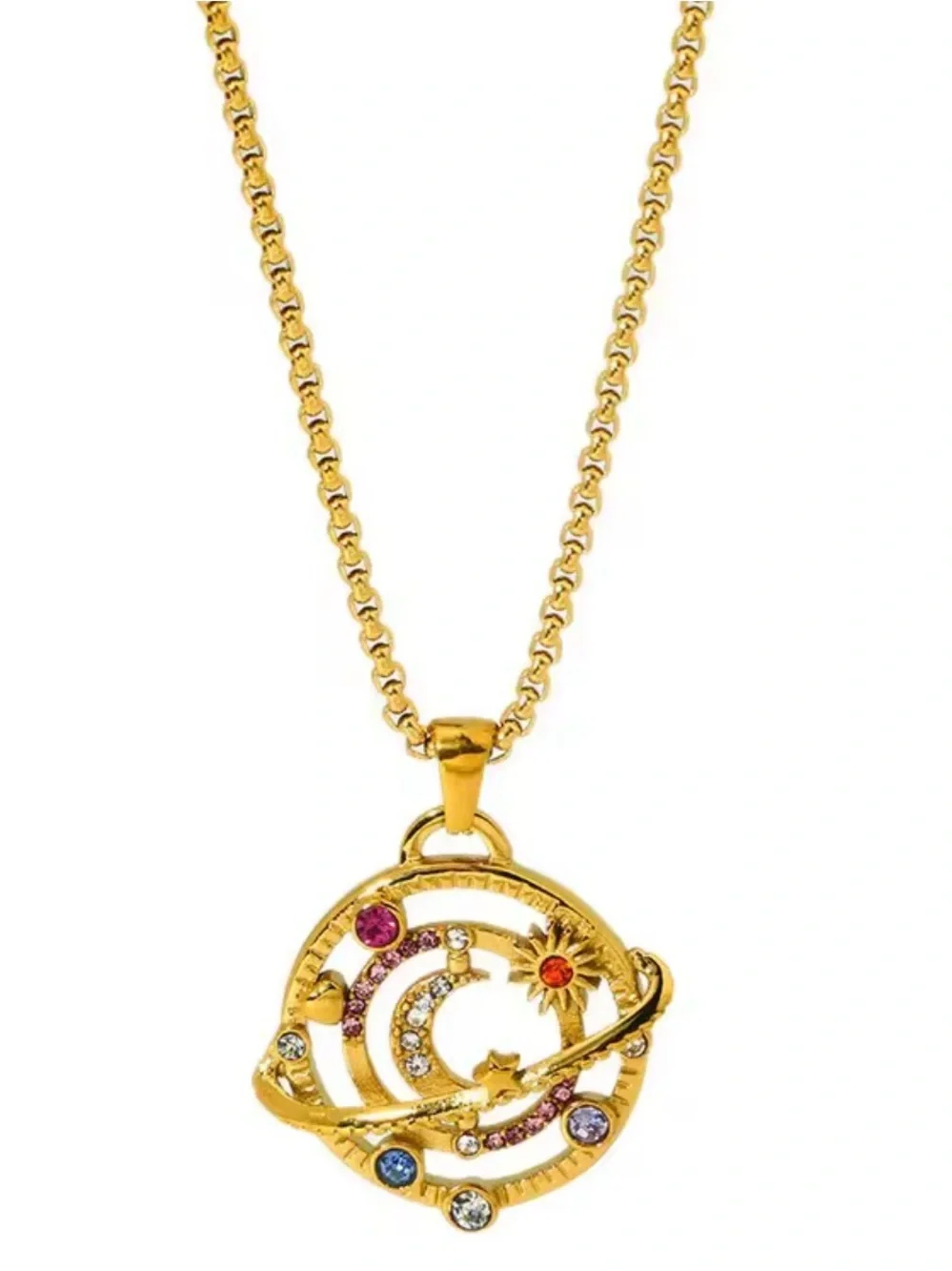 NEW 18K Gold Plated Moon Star Planet Necklace Stainless Steel